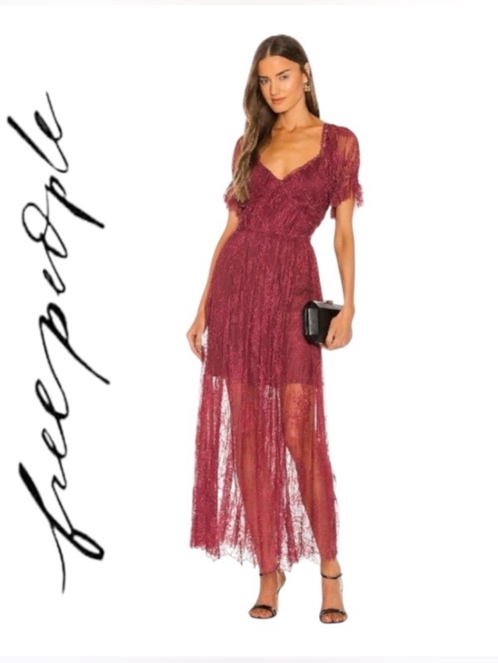 Free People Dear Jane Bordeaux Lace High-Low Midi Dress Size Medium